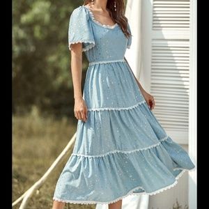 Galaxy Lace Trim Dress NEW M Baby Blue Metallic Gold Star Starry Cottagecore